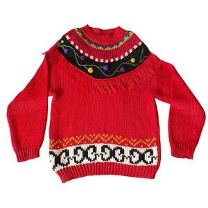 Vintage Grandma Sweater Fringe Ugly Red Knit Womens Size 20